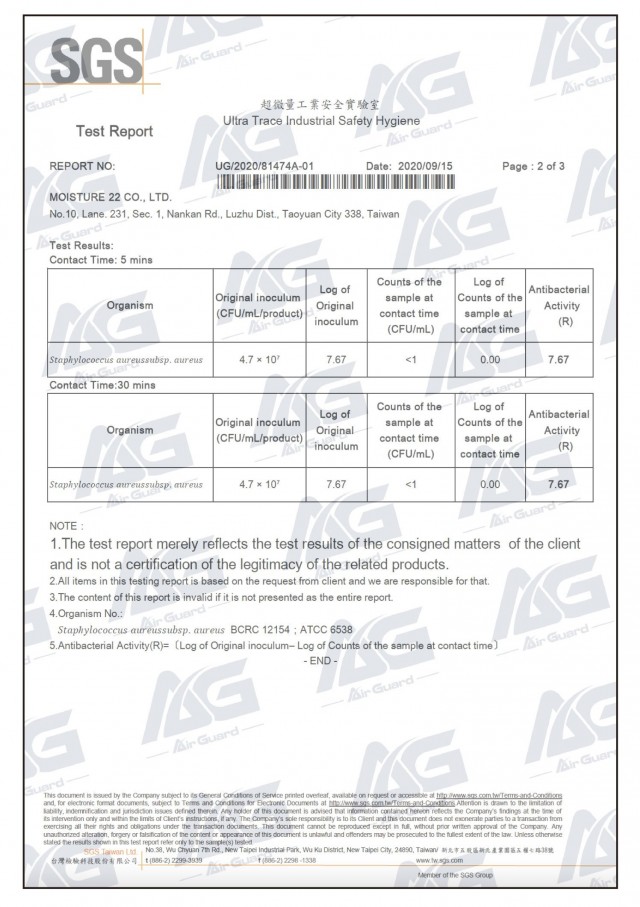 Cover SGS anti microbial test report EN1040